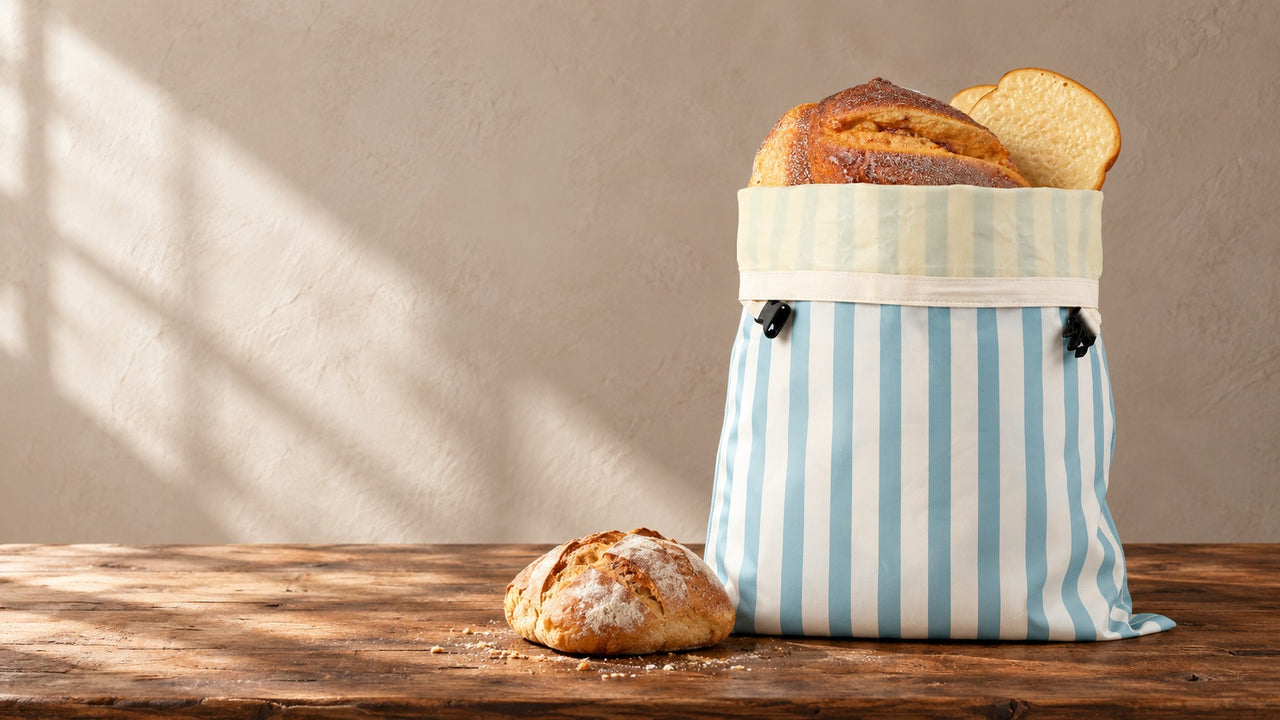 Beeswax bread bag with a sourdough loaf on a walnut table in morning light