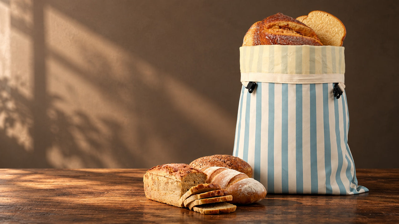 Bread bag holding a loaf in warm evening light