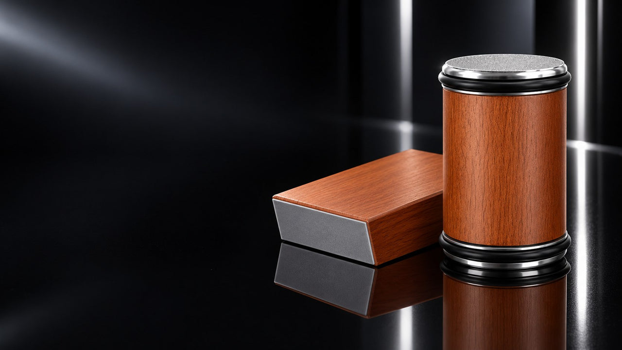 Rolling knife sharpener and magnetic angle block on black glass