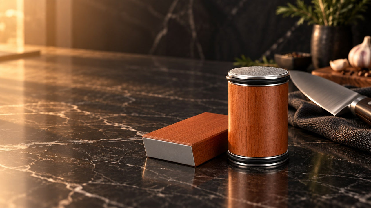 Rolling sharpener on a marble counter beside a chef's knife