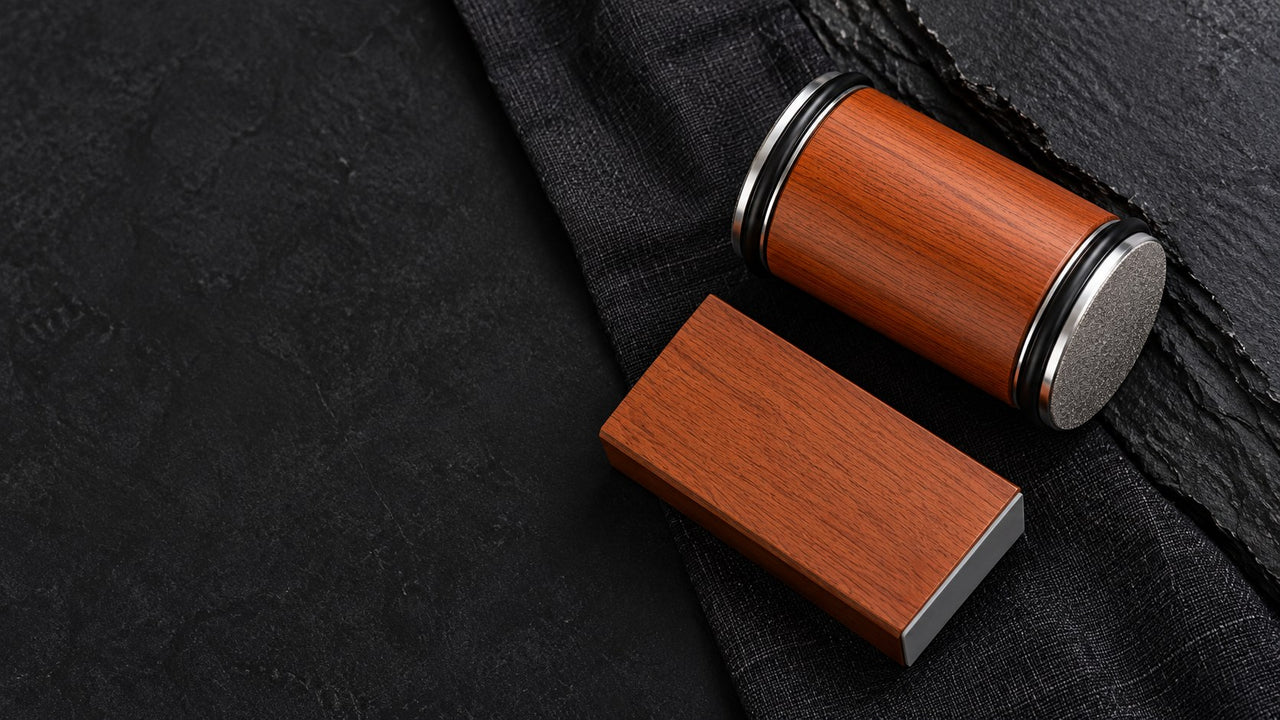 Rolling sharpener and angle block on dark linen